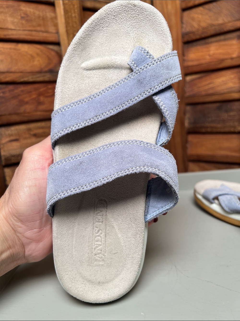 Lands' End Suede Crossover Sandal in Light Gray and Blue-Gray